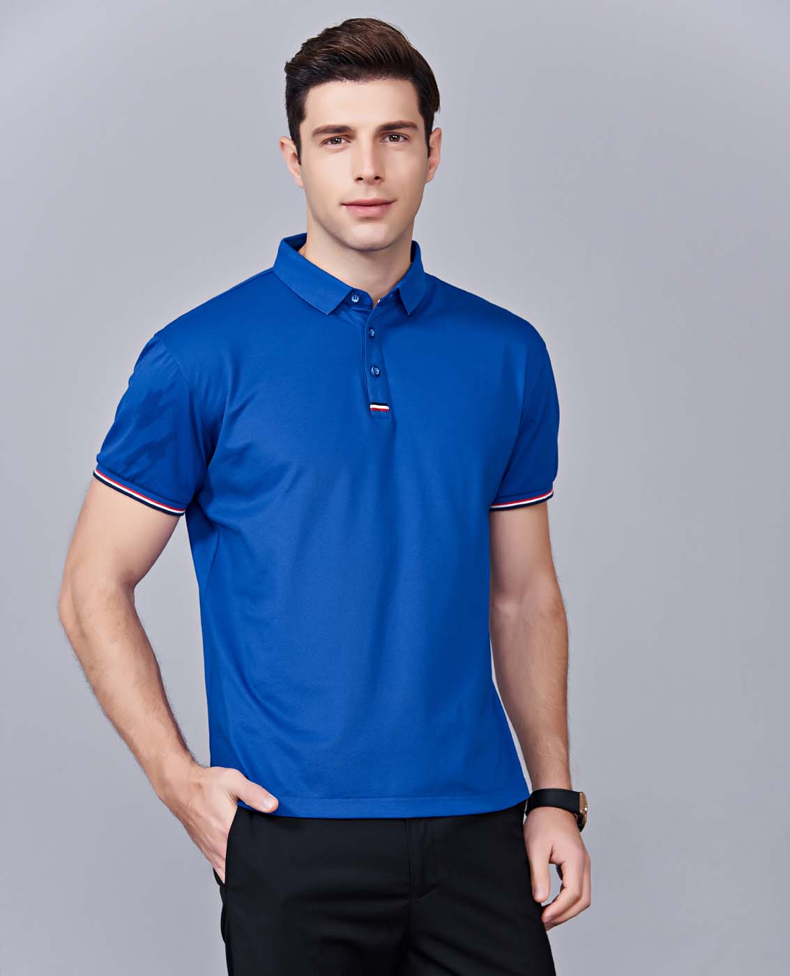 夏季寶藍色男女同款滌棉短袖翻領時尚休閑T恤衫-85681#