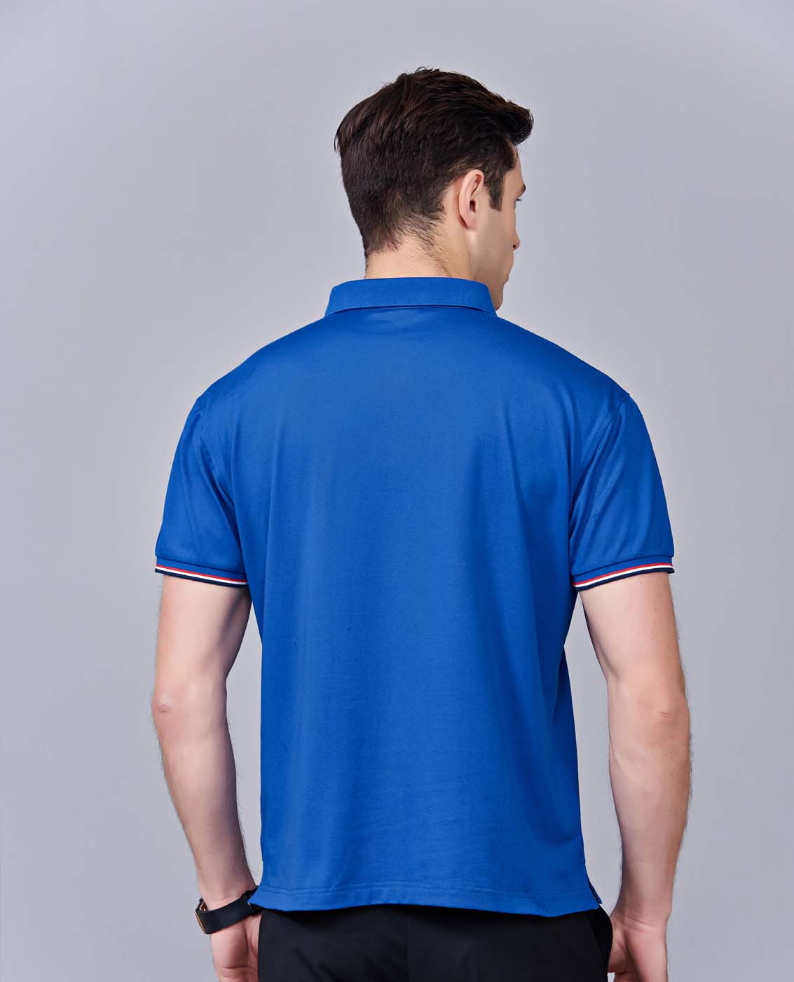 夏季寶藍色男女同款滌棉短袖翻領時尚休閑T恤衫-85681#