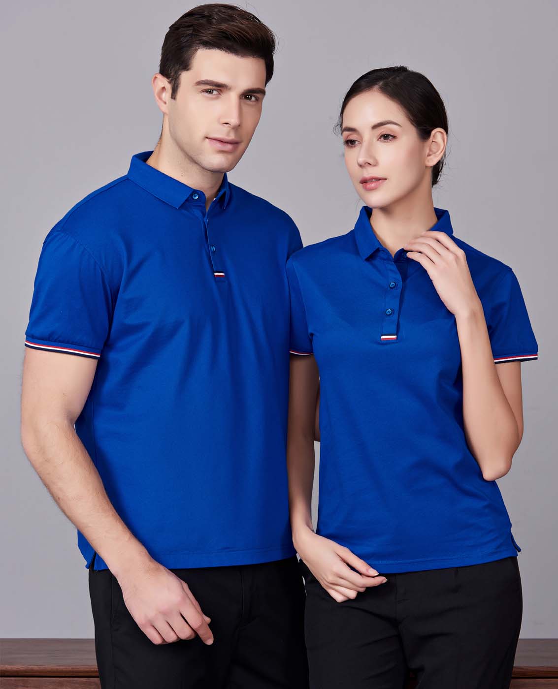 夏季寶藍色男女同款滌棉短袖翻領時尚休閑T恤衫-85681#