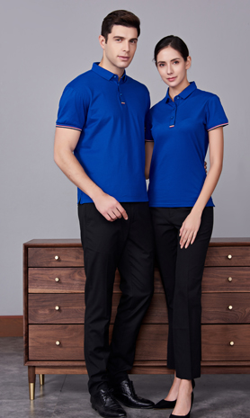 夏季寶藍色男女同款滌棉短袖翻領時尚休閑T恤衫-85681#