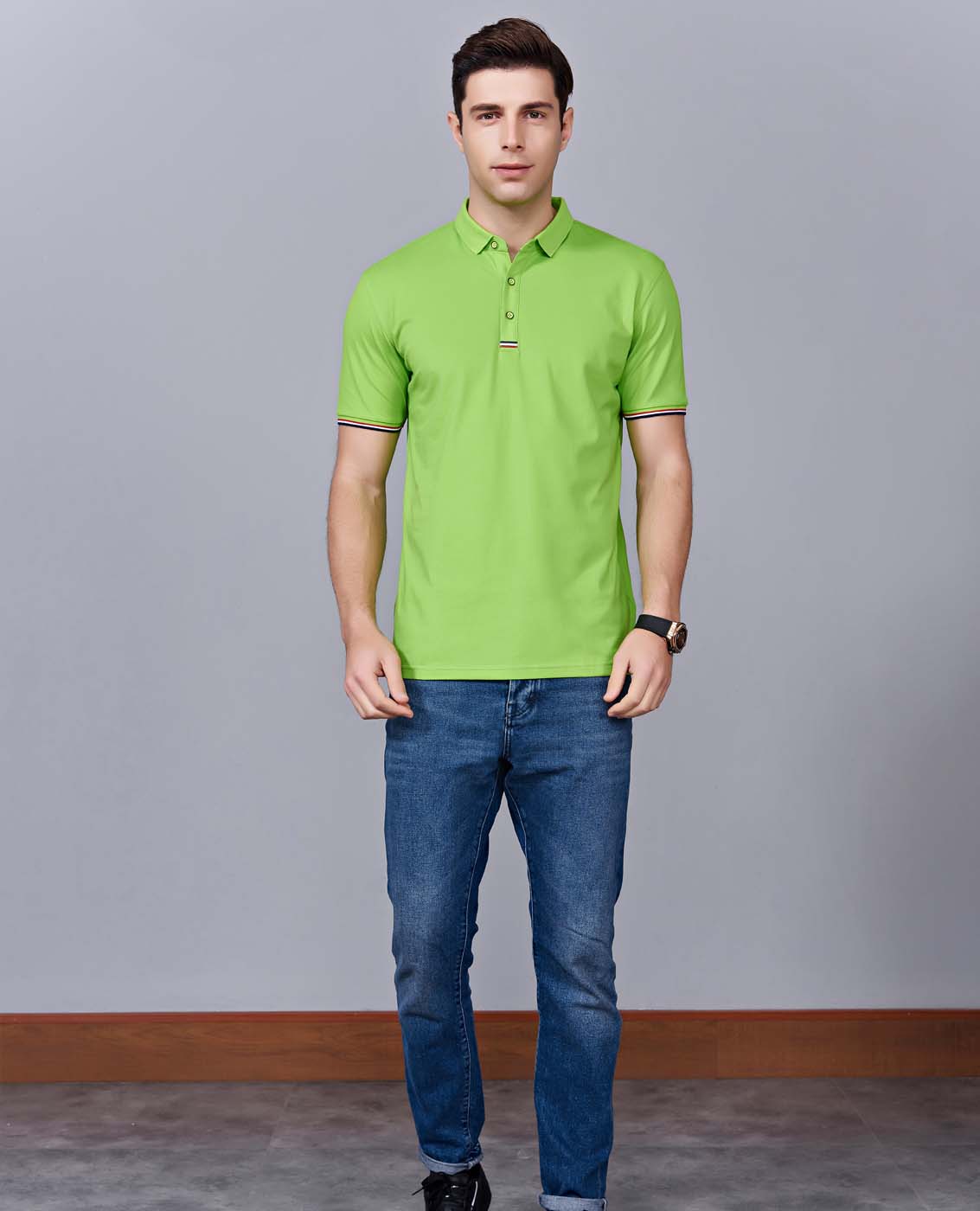 夏季果綠色男女同款滌棉短袖翻領時尚休閑T恤衫-85681#