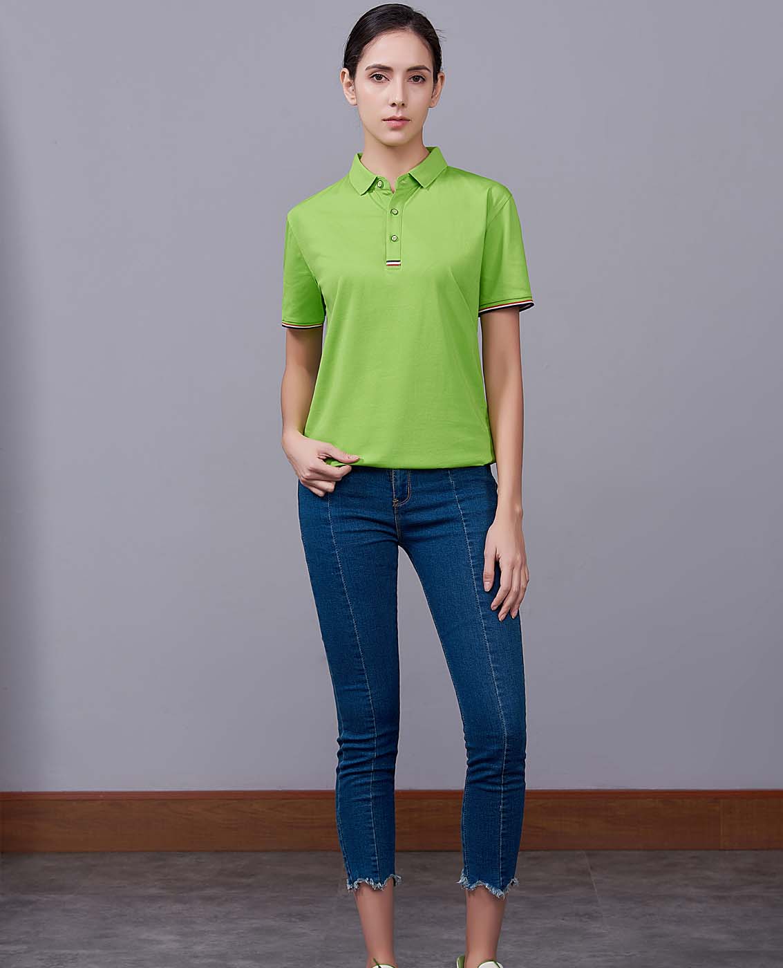 夏季果綠色男女同款滌棉短袖翻領時尚休閑T恤衫-85681#