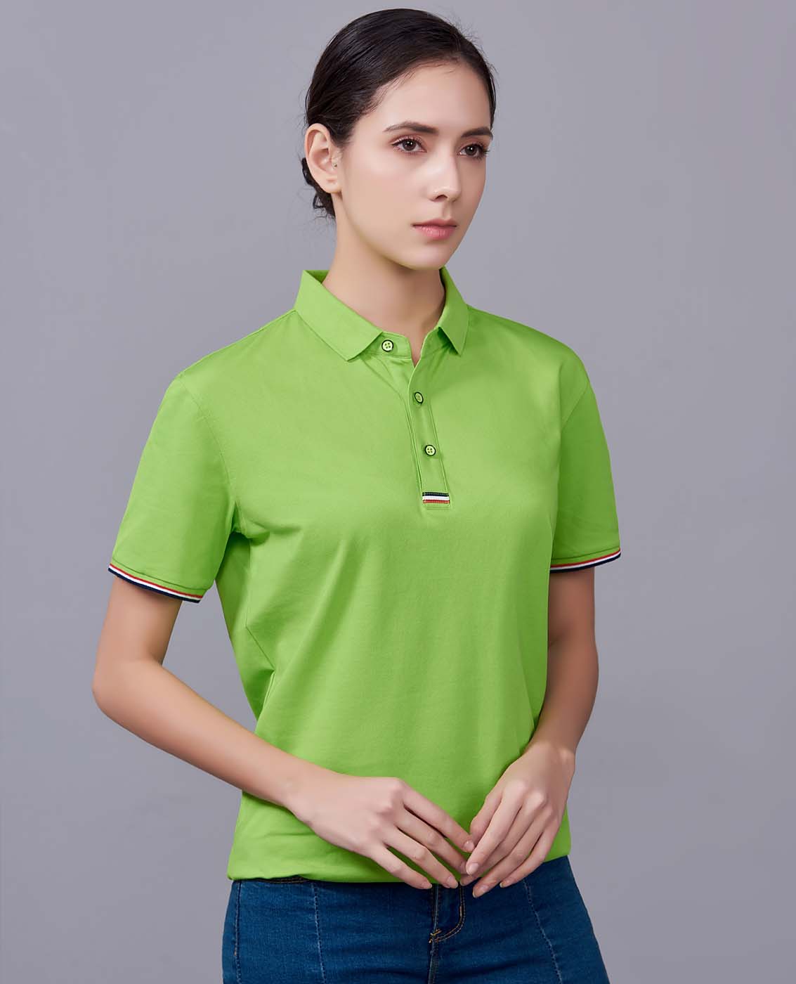 夏季果綠色男女同款滌棉短袖翻領時尚休閑T恤衫-85681#