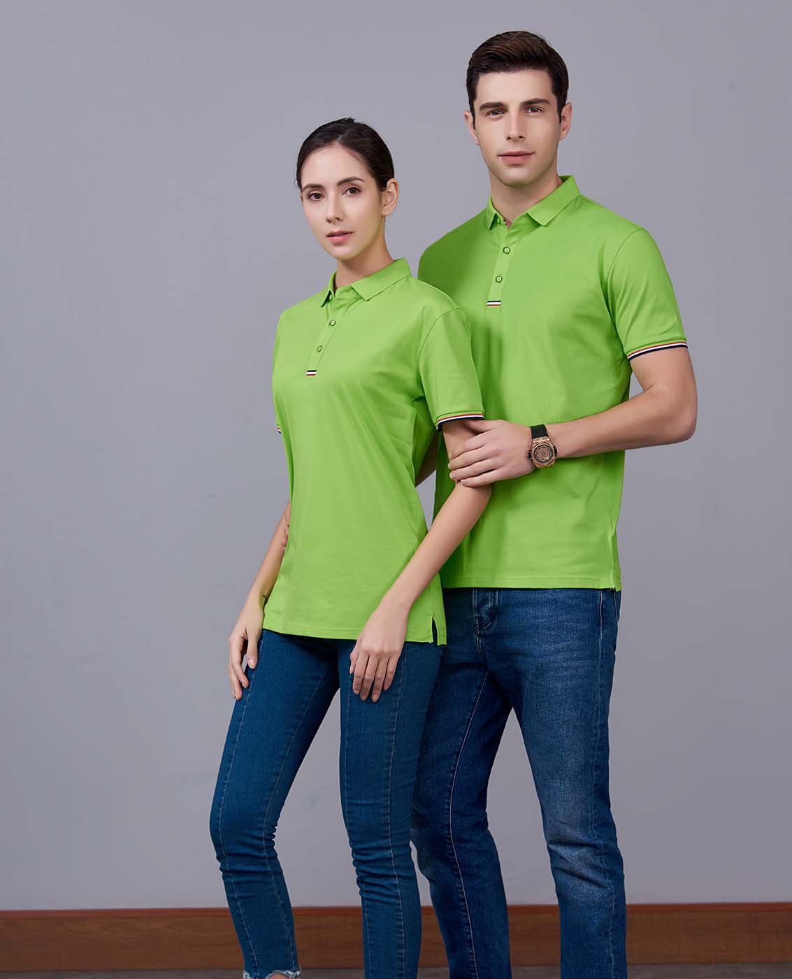 夏季果綠色男女同款滌棉短袖翻領時尚休閑T恤衫-85681#