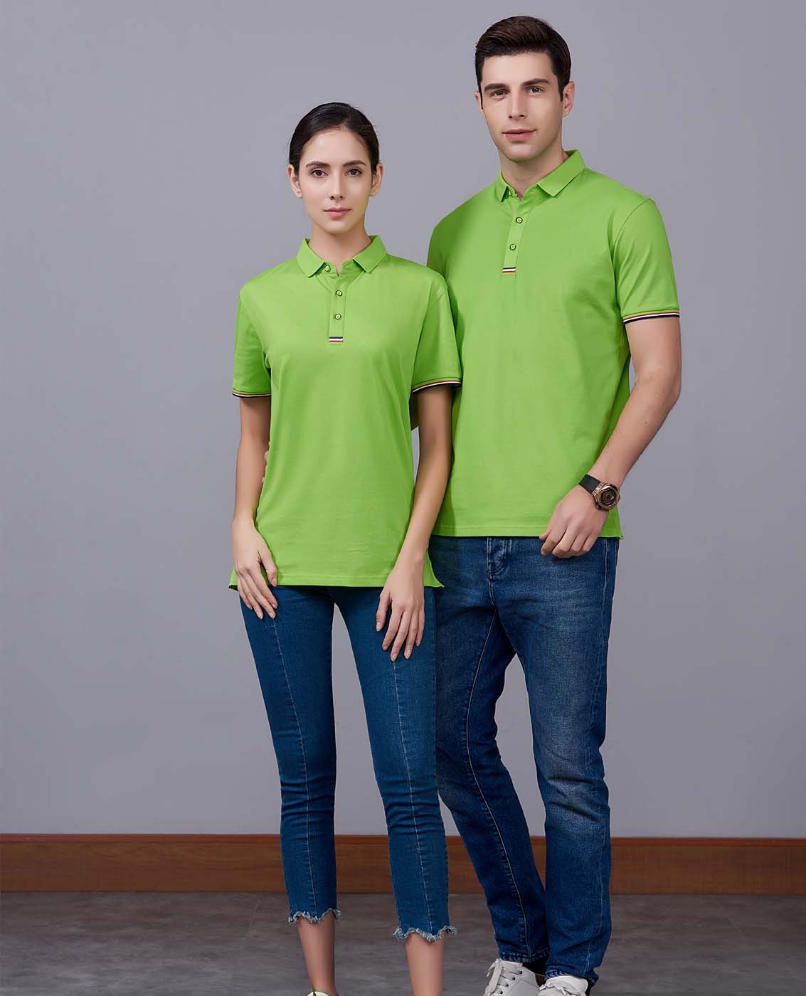 夏季果綠色男女同款滌棉短袖翻領時尚休閑T恤衫-85681#