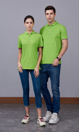 夏季果綠色男女同款滌棉短袖翻領時尚休閑T恤衫-85681#