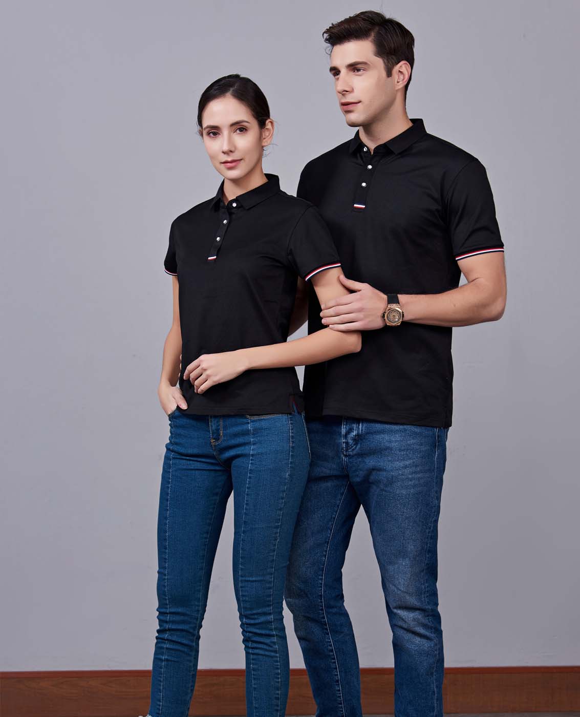 夏季黑色男女同款滌棉短袖翻領時尚休閑T恤衫-85681#