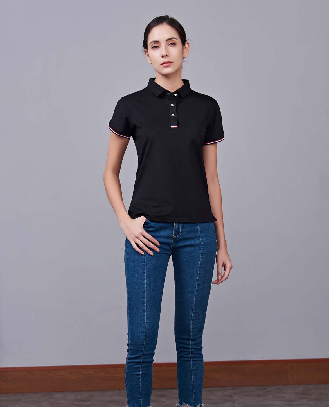 夏季黑色男女同款滌棉短袖翻領時尚休閑T恤衫-85681#