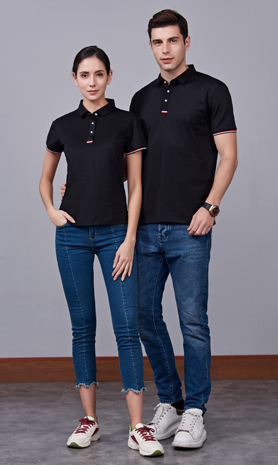 夏季黑色男女同款滌棉短袖翻領時尚休閑T恤衫-85681#