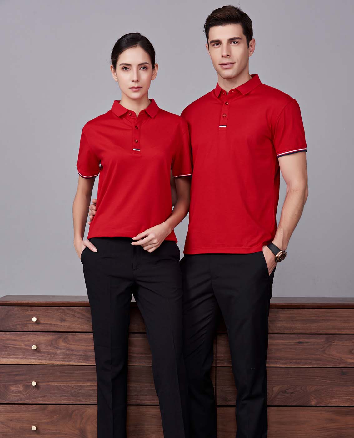 夏季紅色男女同款滌棉短袖翻領時尚休閑T恤衫-85681#