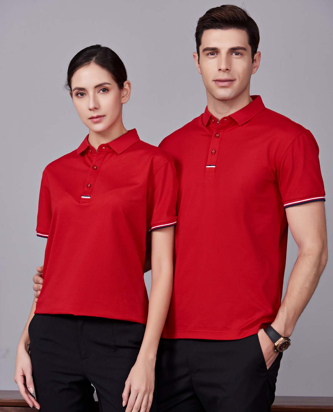 夏季紅色男女同款滌棉短袖翻領時尚休閑T恤衫-85681#