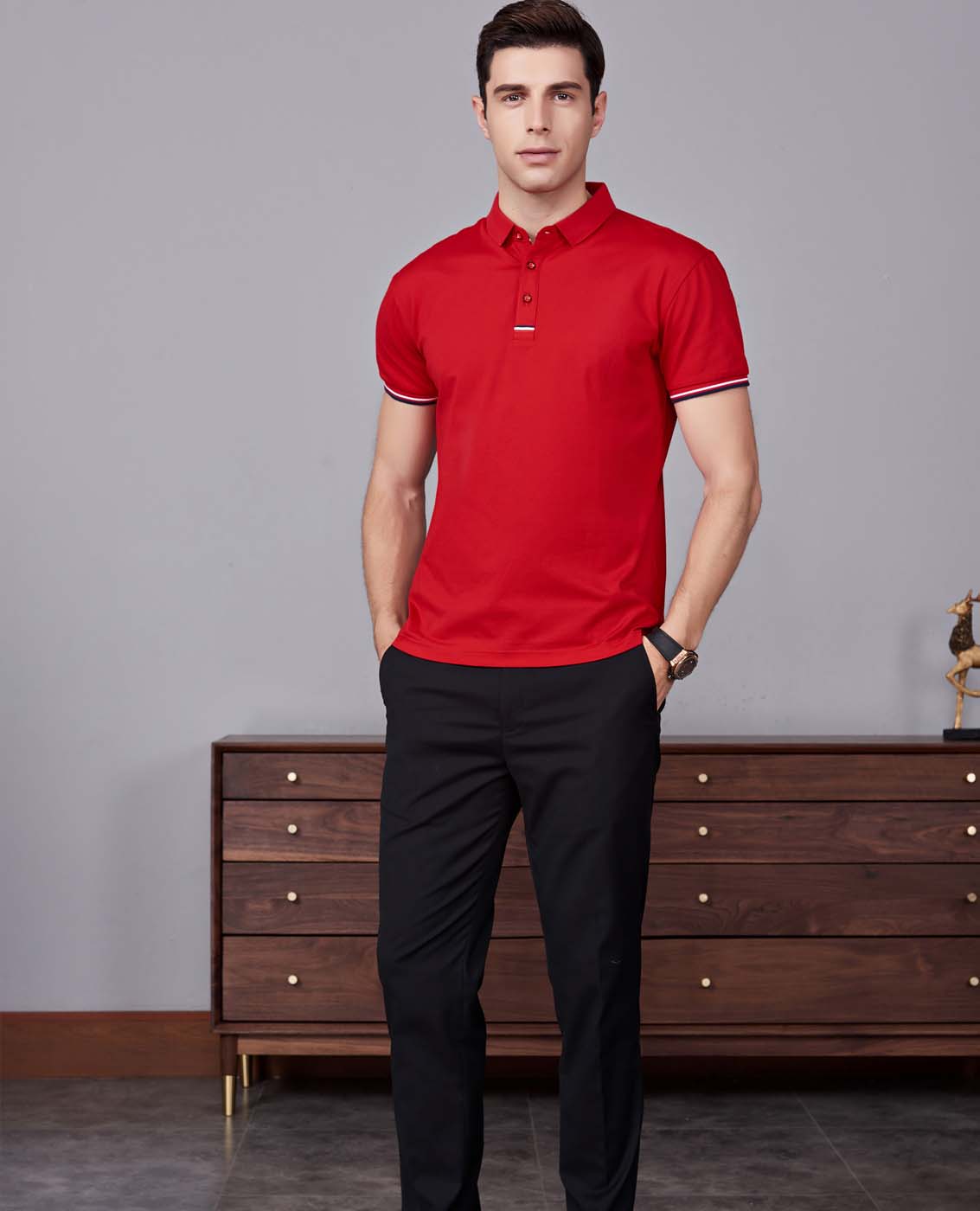 夏季紅色男女同款滌棉短袖翻領時尚休閑T恤衫-85681#