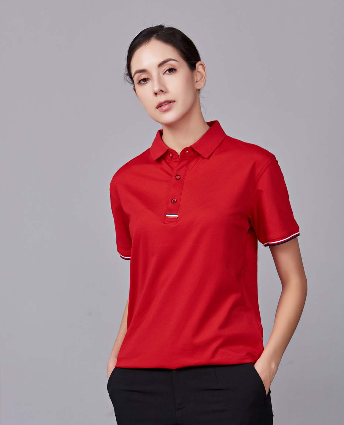 夏季紅色男女同款滌棉短袖翻領時尚休閑T恤衫-85681#