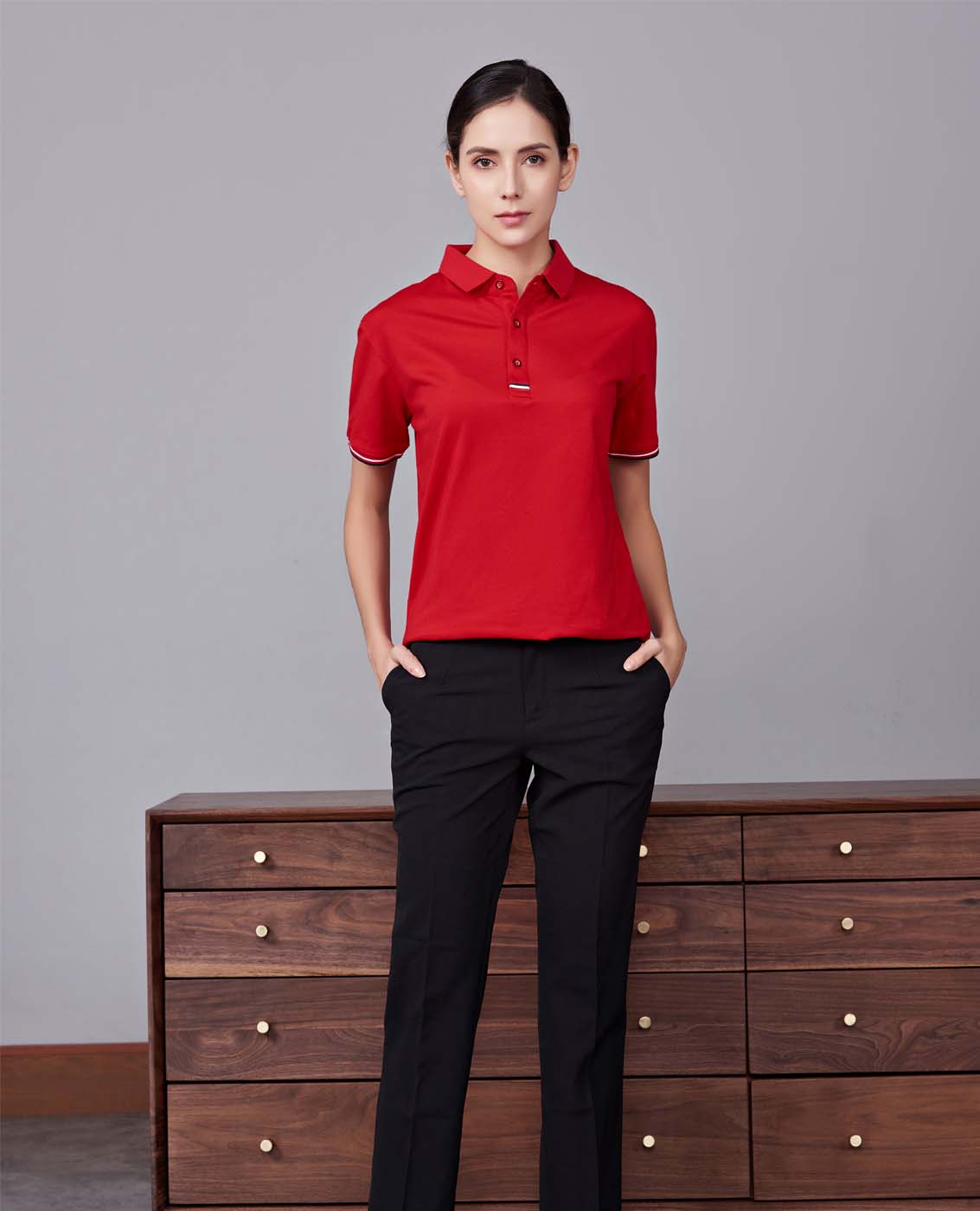 夏季紅色男女同款滌棉短袖翻領時尚休閑T恤衫-85681#