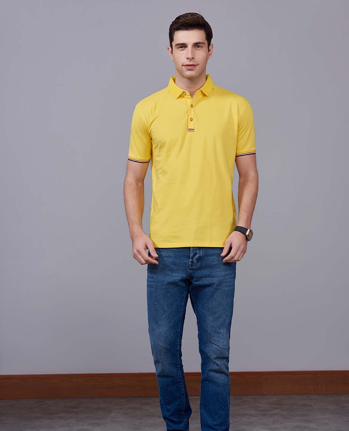 夏季黃色男女同款滌棉短袖翻領時尚休閑T恤衫-85681#