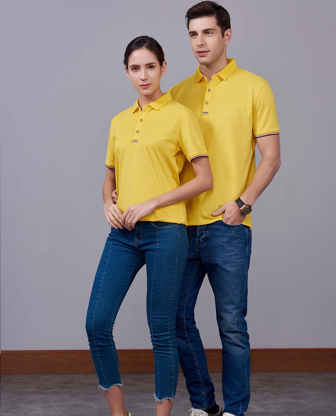 夏季黃色男女同款滌棉短袖翻領時尚休閑T恤衫-85681#