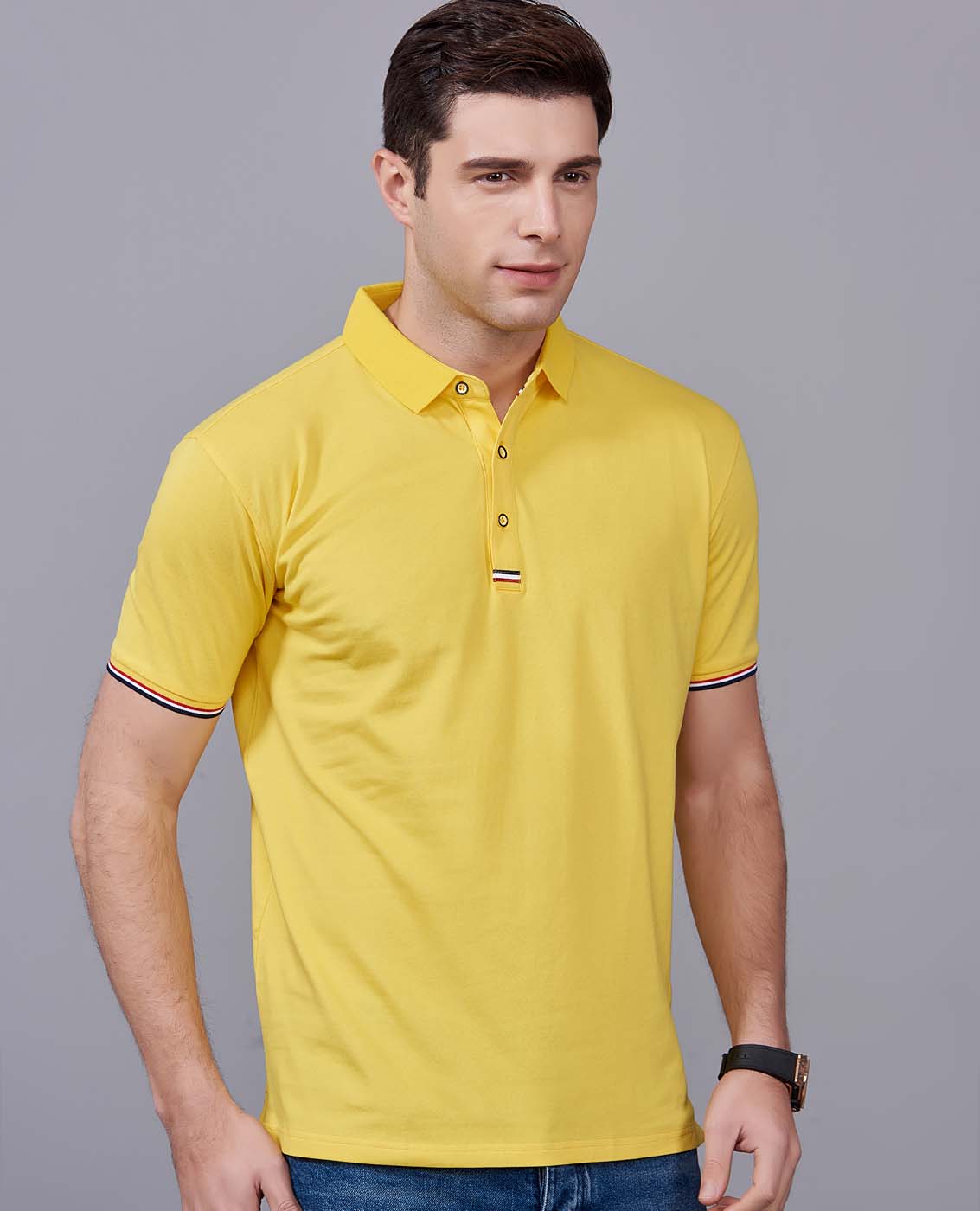 夏季黃色男女同款滌棉短袖翻領時尚休閑T恤衫-85681#