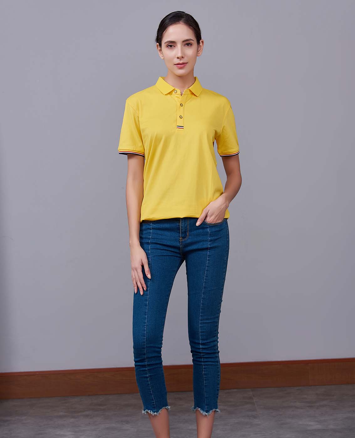 夏季黃色男女同款滌棉短袖翻領時尚休閑T恤衫-85681#