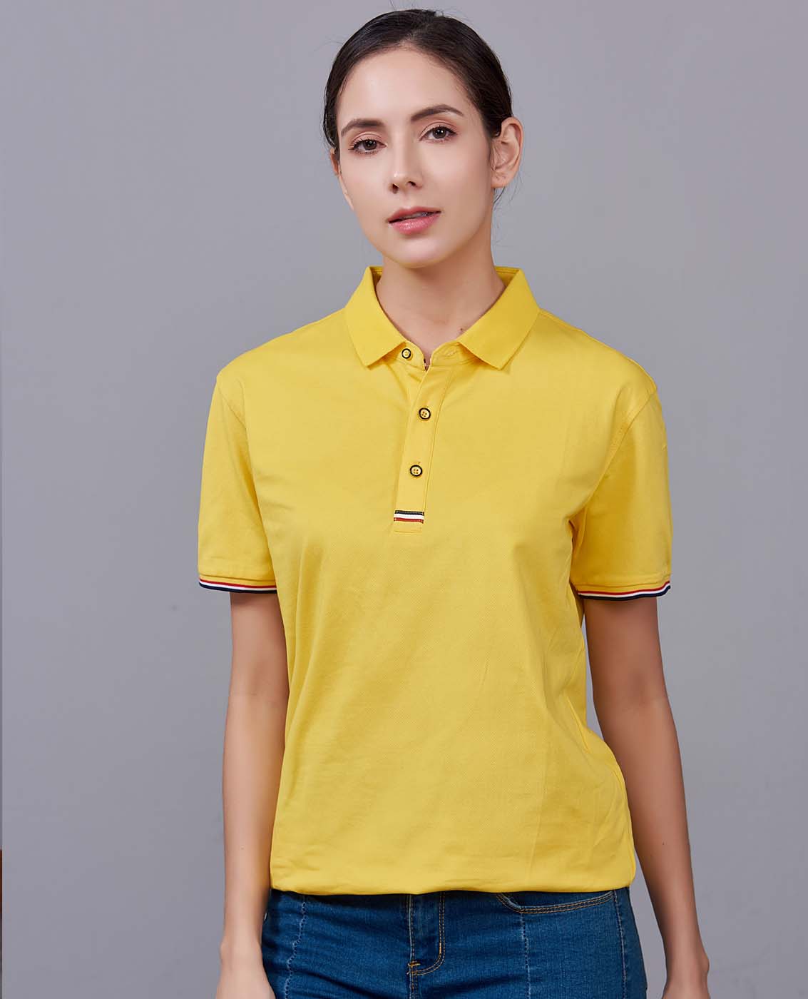 夏季黃色男女同款滌棉短袖翻領時尚休閑T恤衫-85681#