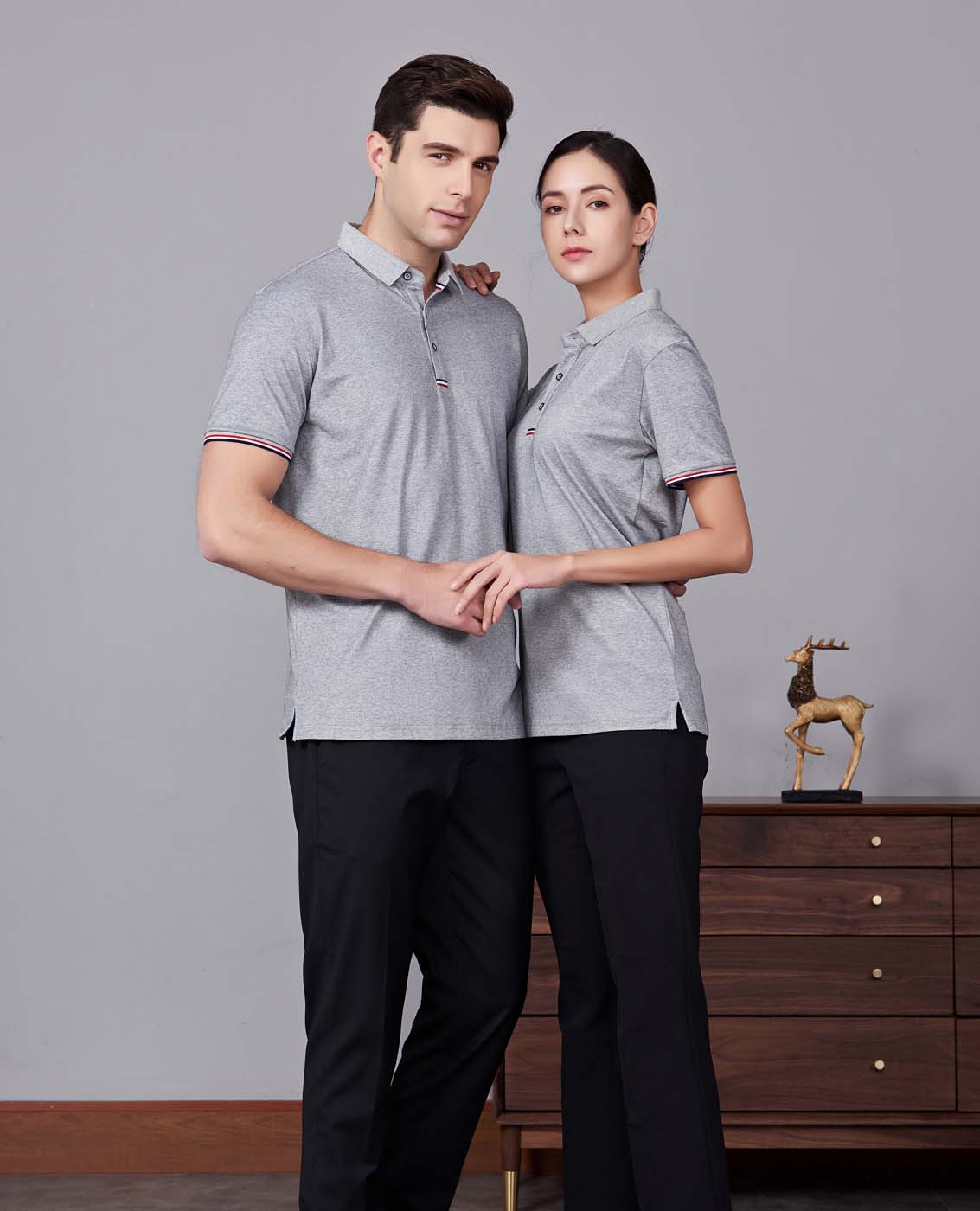 夏季麻灰色男女同款滌棉短袖翻領時尚休閑T恤衫-85681#