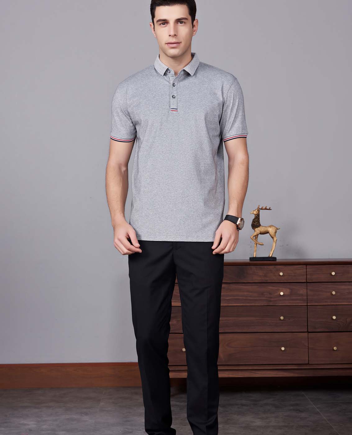 夏季麻灰色男女同款滌棉短袖翻領時尚休閑T恤衫-85681#