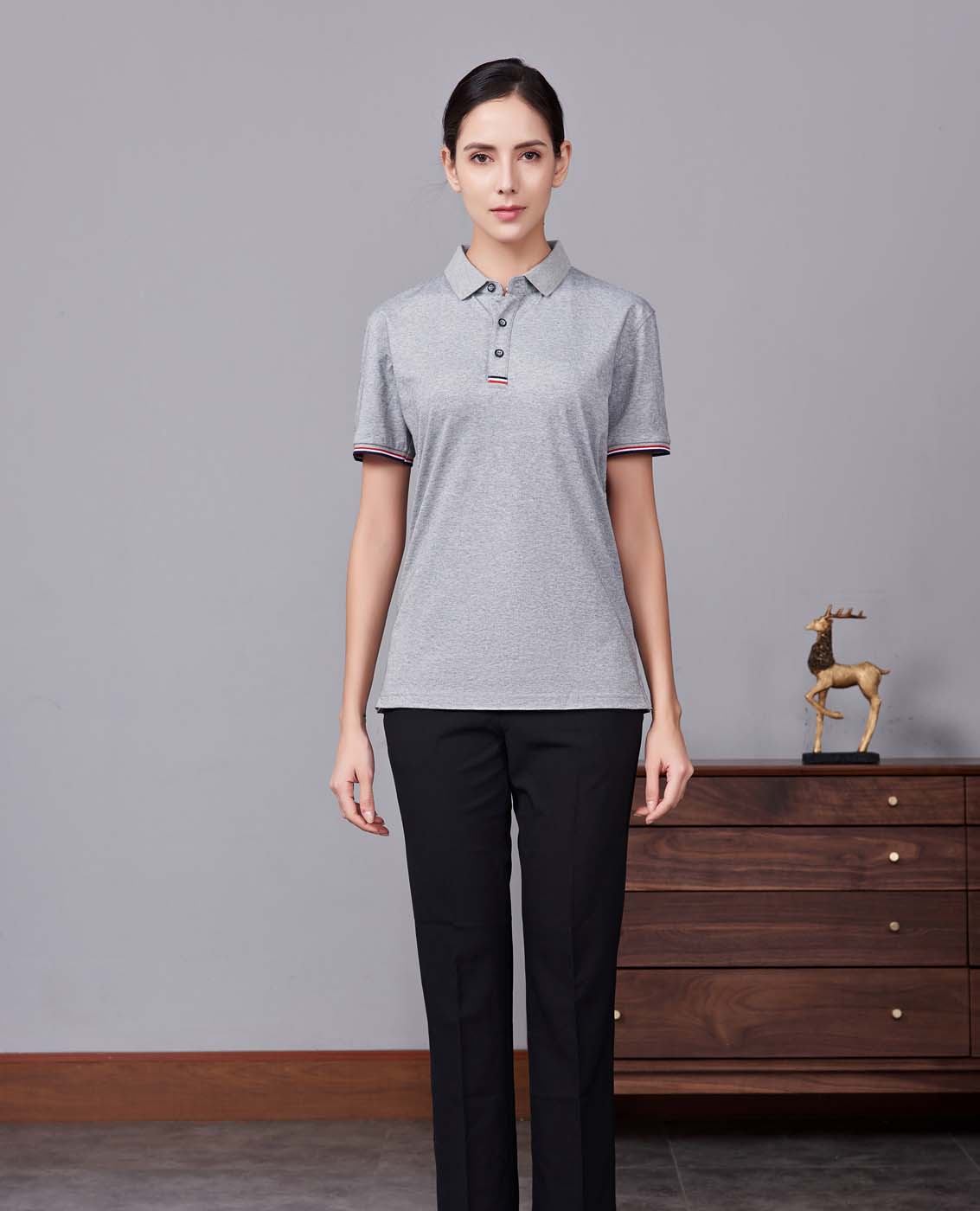 夏季麻灰色男女同款滌棉短袖翻領時尚休閑T恤衫-85681#