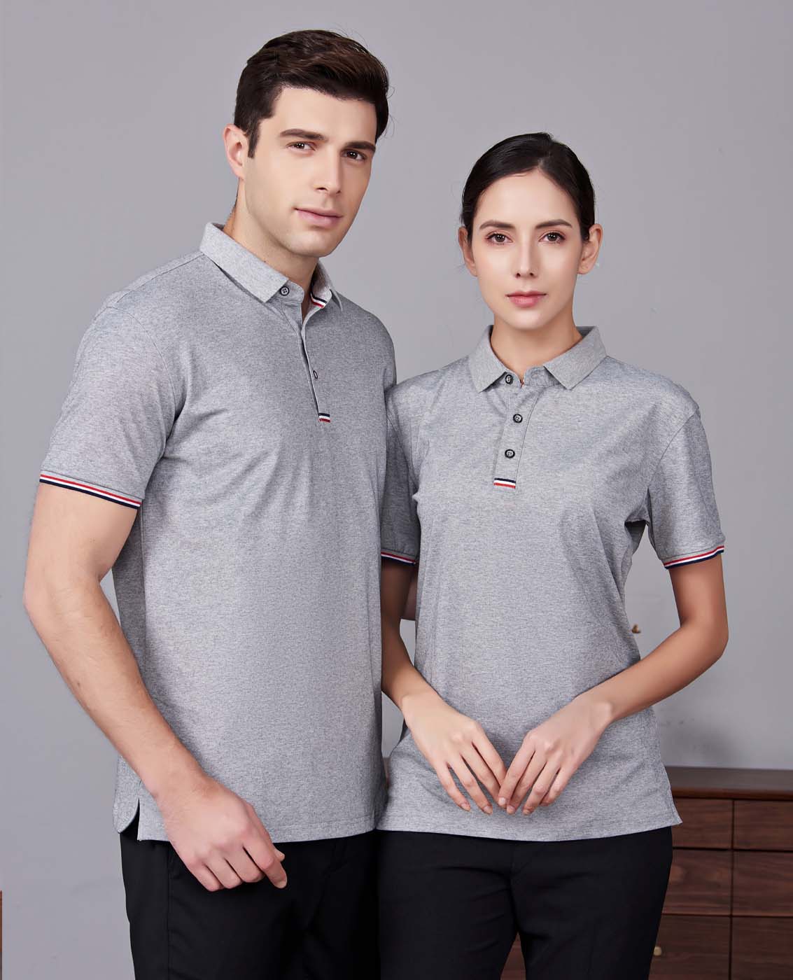 夏季麻灰色男女同款滌棉短袖翻領時尚休閑T恤衫-85681#