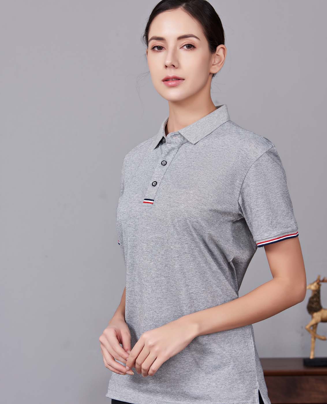 夏季麻灰色男女同款滌棉短袖翻領時尚休閑T恤衫-85681#